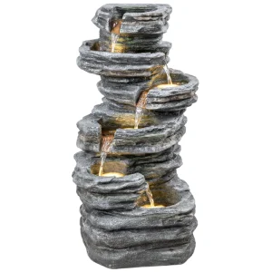 Outdoor 6-Tier Water Fountain, Waterfall Fountain with LED Lights, Resin Waterfall Feature with Pump, Grey - Image 11