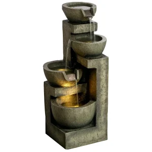 Outdoor Fountain Cascading Waterfall with 4-Tier Stone Look Bowls, Adjustable Flow & LED Lights for Patio Garden - Image 11