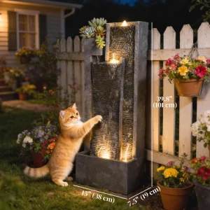 Outdoor Water Fountain with LED Lights and Planter, 3-Tier Modern Cascading Waterfall Feature with Pump, Dark Grey - Image 3