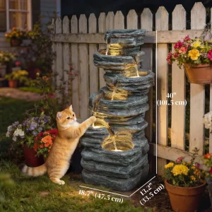 Outdoor 6-Tier Water Fountain, Waterfall Fountain with LED Lights, Resin Waterfall Feature with Pump, Grey - Image 3