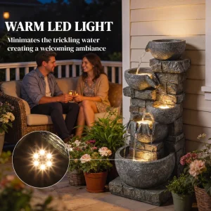 Outdoor 31.5" Tall Water Fountain with LED Lights, 5 Tiers Cascading Water Feature for Garden Patio Home Decor, Grey - Image 3