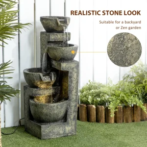 Outdoor Fountain Cascading Waterfall with 4-Tier Stone Look Bowls, Adjustable Flow & LED Lights for Patio Garden - Image 3