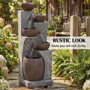 Outdoor Cascading Rock Water Fountain, 5-Tier Waterfall Feature with LED Lights, Adjustable Flow, Grey and Rustic Brown - Image 4