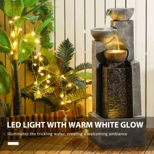 5-Tiered Cascading Bowls Outdoor Water Fountain with LED Lights, Adjustable Flow, 43.3-inch Resin Waterfall Fountain - Image 4