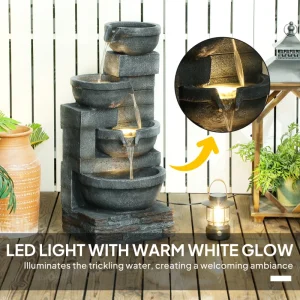 30" Tall Outdoor Water Fountain with LED Lights, 4-Tier Resin Cascading Bowls Garden Fountain Waterfall Fountain with Pump, Grey - Image 4