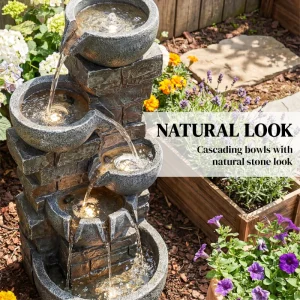 Outdoor 31.5" Tall Water Fountain with LED Lights, 5 Tiers Cascading Water Feature for Garden Patio Home Decor, Grey - Image 4