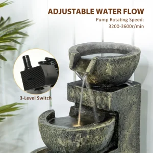 Outdoor Fountain Cascading Waterfall with 4-Tier Stone Look Bowls, Adjustable Flow & LED Lights for Patio Garden - Image 4