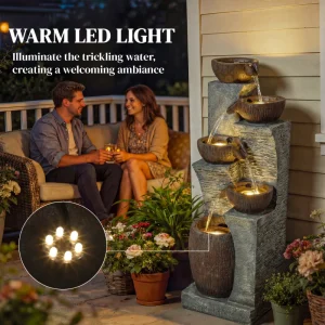 Outdoor Cascading Rock Water Fountain, 5-Tier Waterfall Feature with LED Lights, Adjustable Flow, Grey and Rustic Brown - Image 5