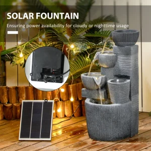 Solar Powered Outdoor Water Fountain, 4-Tier Floor Standing Resin Cascading Bowls Waterfall Fountain with LED Lights - Image 5