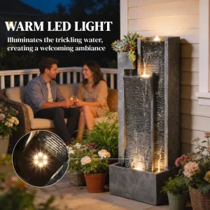 Outdoor Water Fountain with LED Lights and Planter, 3-Tier Modern Cascading Waterfall Feature with Pump, Dark Grey - Image 5