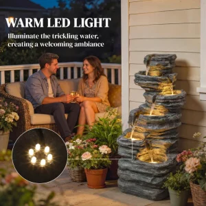 Outdoor 6-Tier Water Fountain, Waterfall Fountain with LED Lights, Resin Waterfall Feature with Pump, Grey - Image 5