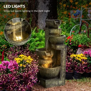 Outdoor Fountain Cascading Waterfall with 4-Tier Stone Look Bowls, Adjustable Flow & LED Lights for Patio Garden - Image 5