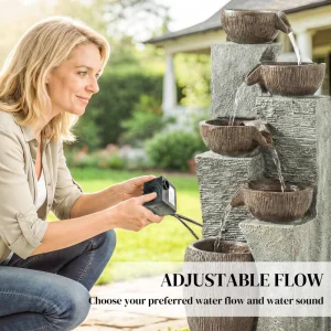 Outdoor Cascading Rock Water Fountain, 5-Tier Waterfall Feature with LED Lights, Adjustable Flow, Grey and Rustic Brown - Image 6