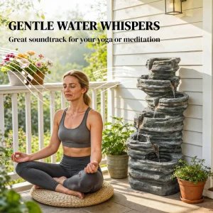 Outdoor 6-Tier Water Fountain, Waterfall Fountain with LED Lights, Resin Waterfall Feature with Pump, Grey - Image 6