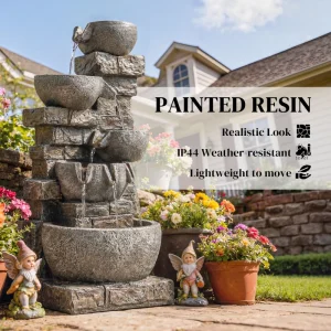 Outdoor 31.5" Tall Water Fountain with LED Lights, 5 Tiers Cascading Water Feature for Garden Patio Home Decor, Grey - Image 6