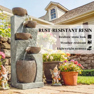 Outdoor Cascading Rock Water Fountain, 5-Tier Waterfall Feature with LED Lights, Adjustable Flow, Grey and Rustic Brown - Image 7