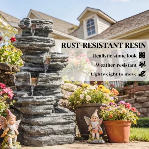 Outdoor 6-Tier Water Fountain, Waterfall Fountain with LED Lights, Resin Waterfall Feature with Pump, Grey - Image 7