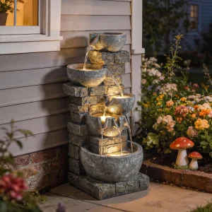 Outdoor 31.5" Tall Water Fountain with LED Lights, 5 Tiers Cascading Water Feature for Garden Patio Home Decor, Grey - Image 7