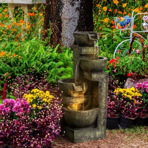 Outdoor Fountain Cascading Waterfall with 4-Tier Stone Look Bowls, Adjustable Flow & LED Lights for Patio Garden - Image 7