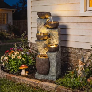 Outdoor Cascading Rock Water Fountain, 5-Tier Waterfall Feature with LED Lights, Adjustable Flow, Grey and Rustic Brown - Image 8