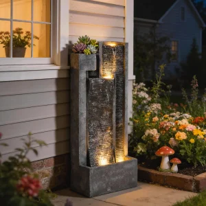 Outdoor Water Fountain with LED Lights and Planter, 3-Tier Modern Cascading Waterfall Feature with Pump, Dark Grey - Image 8