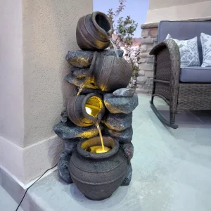 28.3" Solar Water Fountain, 4-Tier Resin Cascading Jars and Stacked Stones Outdoor Waterfall Fountain with LED Lights - Image 9