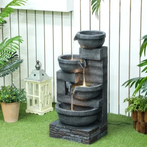 30" Tall Outdoor Water Fountain with LED Lights, 4-Tier Resin Cascading Bowls Garden Fountain Waterfall Fountain with Pump, Grey - Image 9