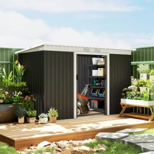 9x4 Outdoor Storage Shed Galvanized Steel Garden Shed with Foundation Kit, Ventilation & Doors, Dark Grey - Image 9