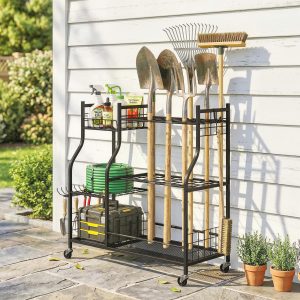 Outsunny Garden Tool Organizer for Garage, 3-Tier Yard Tool Storage Rack with 74 Slots, 4 Wheels and 11 Hooks - Image 1