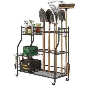 Outsunny Garden Tool Organizer for Garage, 3-Tier Yard Tool Storage Rack with 74 Slots, 4 Wheels and 11 Hooks - Image 2