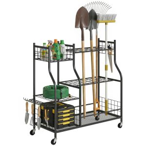 Outsunny Garden Tool Organizer for Garage, 3-Tier Yard Tool Storage Rack with 74 Slots, 4 Wheels and 11 Hooks - Image 11