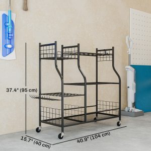 Outsunny Garden Tool Organizer for Garage, 3-Tier Yard Tool Storage Rack with 74 Slots, 4 Wheels and 11 Hooks - Image 3