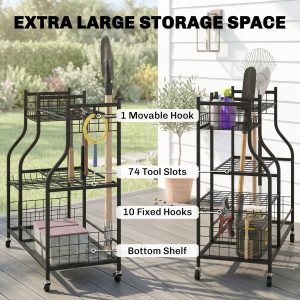 Outsunny Garden Tool Organizer for Garage, 3-Tier Yard Tool Storage Rack with 74 Slots, 4 Wheels and 11 Hooks - Image 4