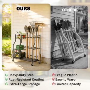 Outsunny Garden Tool Organizer for Garage, 3-Tier Yard Tool Storage Rack with 74 Slots, 4 Wheels and 11 Hooks - Image 7
