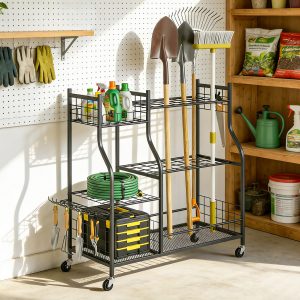 Outsunny Garden Tool Organizer for Garage, 3-Tier Yard Tool Storage Rack with 74 Slots, 4 Wheels and 11 Hooks - Image 8