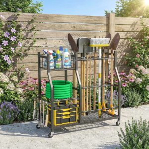 Outsunny Garden Tool Organizer for Garage, 3-Tier Yard Tool Storage Rack with 74 Slots, 4 Wheels and 11 Hooks - Image 9