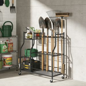 Outsunny Garden Tool Organizer for Garage, 3-Tier Yard Tool Storage Rack with 74 Slots, 4 Wheels and 11 Hooks - Image 10