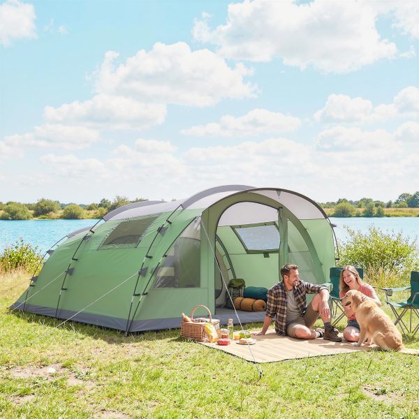 Outsunny Multi-Room Camping Tent for 2-4 Person, Easy Set up Large Family Tent with 4 Windows, Porch, Light Green - Image 1
