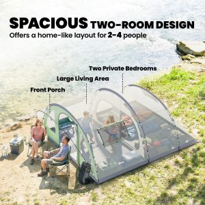 Outsunny Multi-Room Camping Tent for 2-4 Person, Easy Set up Large Family Tent with 4 Windows, Porch, Light Green - Image 4