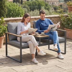 Outsunny Outdoor Garden Bench with Integrated Table, 2 Seater Patio Loveseat with Thick Cushions, 136 cm Grey - Image 1