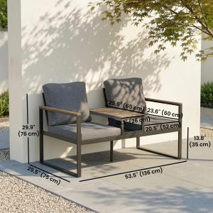 Outsunny Outdoor Garden Bench with Integrated Table, 2 Seater Patio Loveseat with Thick Cushions, 136 cm Grey - Image 3