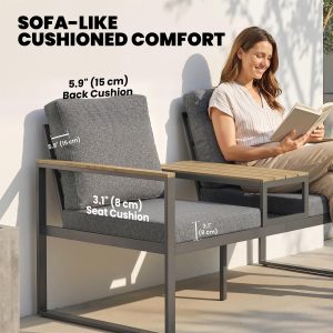 Outsunny Outdoor Garden Bench with Integrated Table, 2 Seater Patio Loveseat with Thick Cushions, 136 cm Grey - Image 4