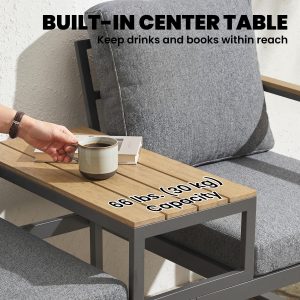 Outsunny Outdoor Garden Bench with Integrated Table, 2 Seater Patio Loveseat with Thick Cushions, 136 cm Grey - Image 5