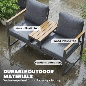 Outsunny Outdoor Garden Bench with Integrated Table, 2 Seater Patio Loveseat with Thick Cushions, 136 cm Grey - Image 6