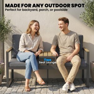 Outsunny Outdoor Garden Bench with Integrated Table, 2 Seater Patio Loveseat with Thick Cushions, 136 cm Grey - Image 7