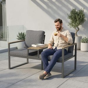 Outsunny Outdoor Garden Bench with Integrated Table, 2 Seater Patio Loveseat with Thick Cushions, 136 cm Grey - Image 8