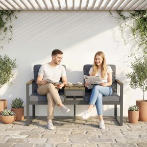 Outsunny Outdoor Garden Bench with Integrated Table, 2 Seater Patio Loveseat with Thick Cushions, 136 cm Grey - Image 9