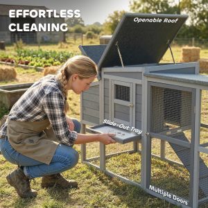 PawHut Large Chicken Coop, Wooden Hen House with Covered Run, Nesting Box, Pull-Out Tray, Opening Asphalt Roof - Image 6
