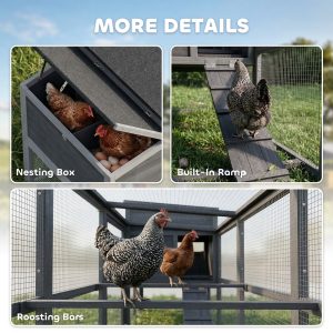 PawHut Large Chicken Coop, Wooden Hen House with Covered Run, Nesting Box, Pull-Out Tray, Opening Asphalt Roof - Image 9