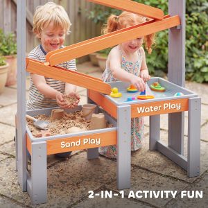 Qaba Wooden Sandbox, Kids Sand and Water Table with Waterway Track and Dual Boxes, Sensory Table for Outdoor, Grey - Image 4